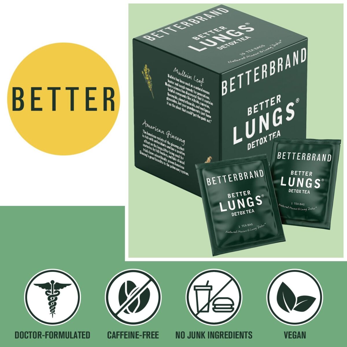 Betterbrand Betterlungs Detox Tea - 15 Herbal Tea Bags - Mullein Leaf, Ginseng, Elderberry, Ginger & Thyme for Lung Cleanse, Congestion Relief, Mucus Detox - Caffeine Free