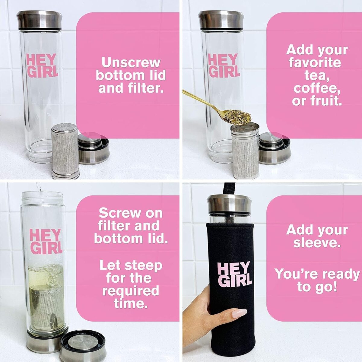 Hey Girl Tea + Tea Bottle Bundle - Feel Better Herbal Tea - Immune Support, Immune Booster plus Glass Infuser Bottle with Tea Diffuser - Insulated Travel Thermos Tumbler for Loose Leaf Tea, Tea Bags