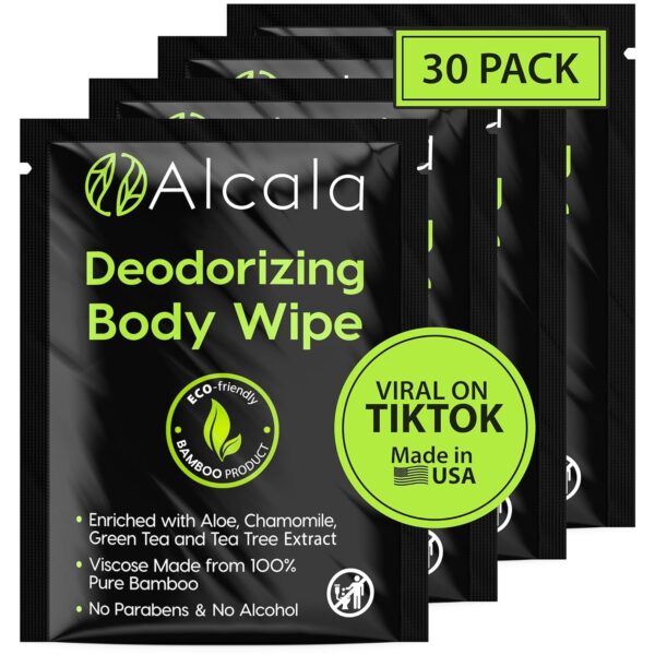 Alcala Deodorizing Body Wipes Individual Shower Wipes 100% Pure Biodegradable Bamboo Wet Wipes with Aloe Tea Tree Adult Body Wipes for Women & Men Ideal for Camping Hiking, Hospitals & Gym (30 Pack)