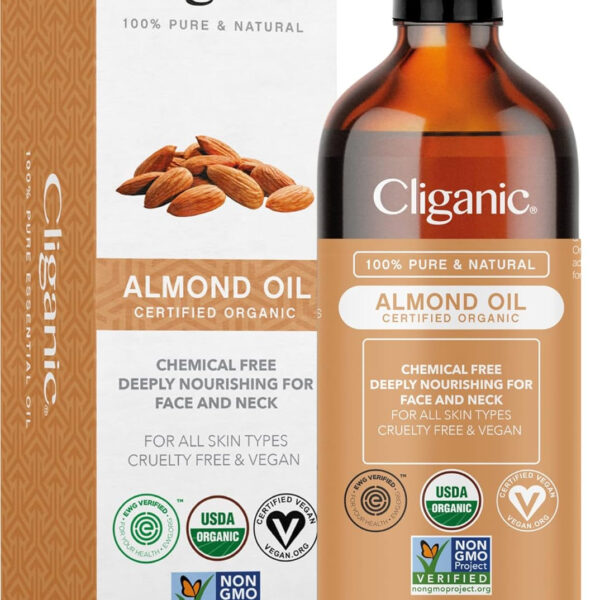 Cliganic Organic Sweet Almond Oil, 100% Pure (8Oz) - for Skin & Hair, Nourishing Carrier Oil for Face & Body