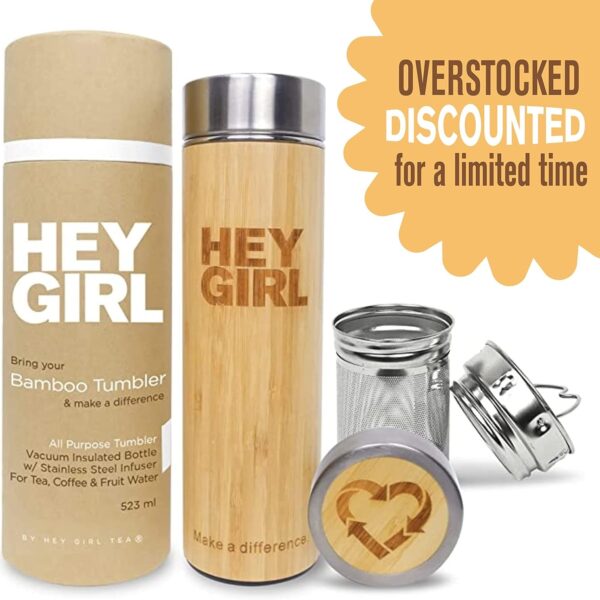 Hey Girl Bamboo Tea Infuser Bottle with Tea Strainer - Insulated Stainless Steel Water Bottle for Loose Leaf Tea & Coffee - Tea Tumbler with Diffuser - Loose Tea Bottle or Thermos Travel Mug - 18 Oz