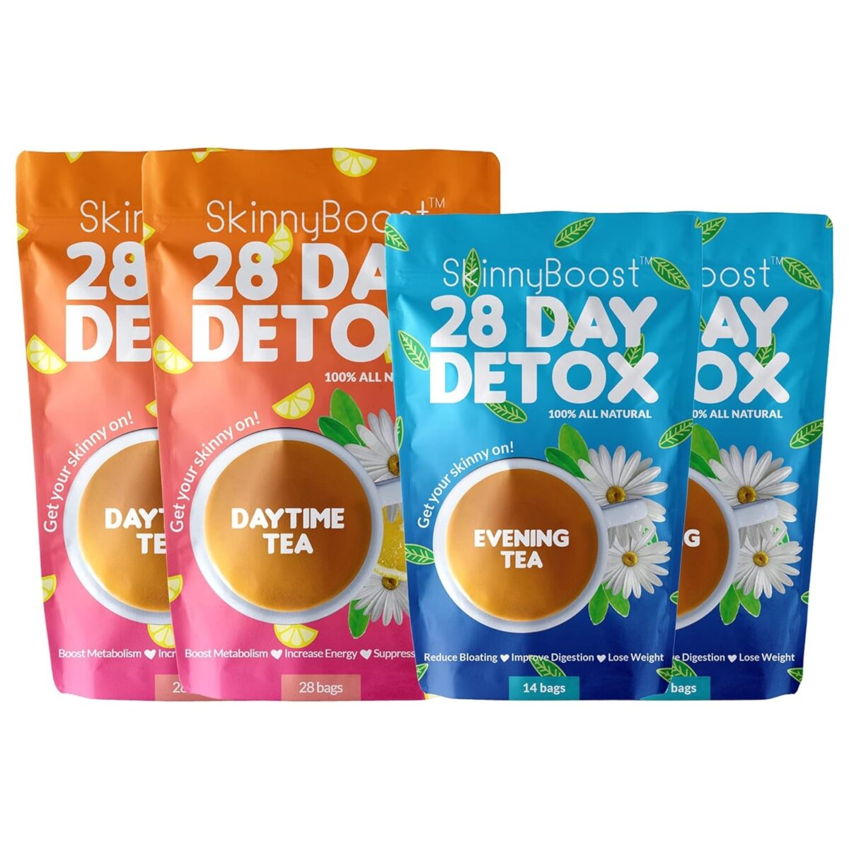 Skinnyboost 28 Day Detox Tea Kit-1 Daytime (28 Bags) 1 Evening (14 Bags) Non GMO, Vegan, All Natural Teas, Made with Green Tea and Herbal Teas for Natural Detox and Cleanse, Reduce Bloating