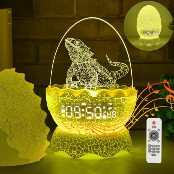 Digital Alarm Clock for Bedrooms, Small Digital Clock Bearded Dragon Egg Night Light with Baby White Noise Machine for Sleeping, Bluetooth Speaker, 16 Colors, as Gifts for Kids/Adult