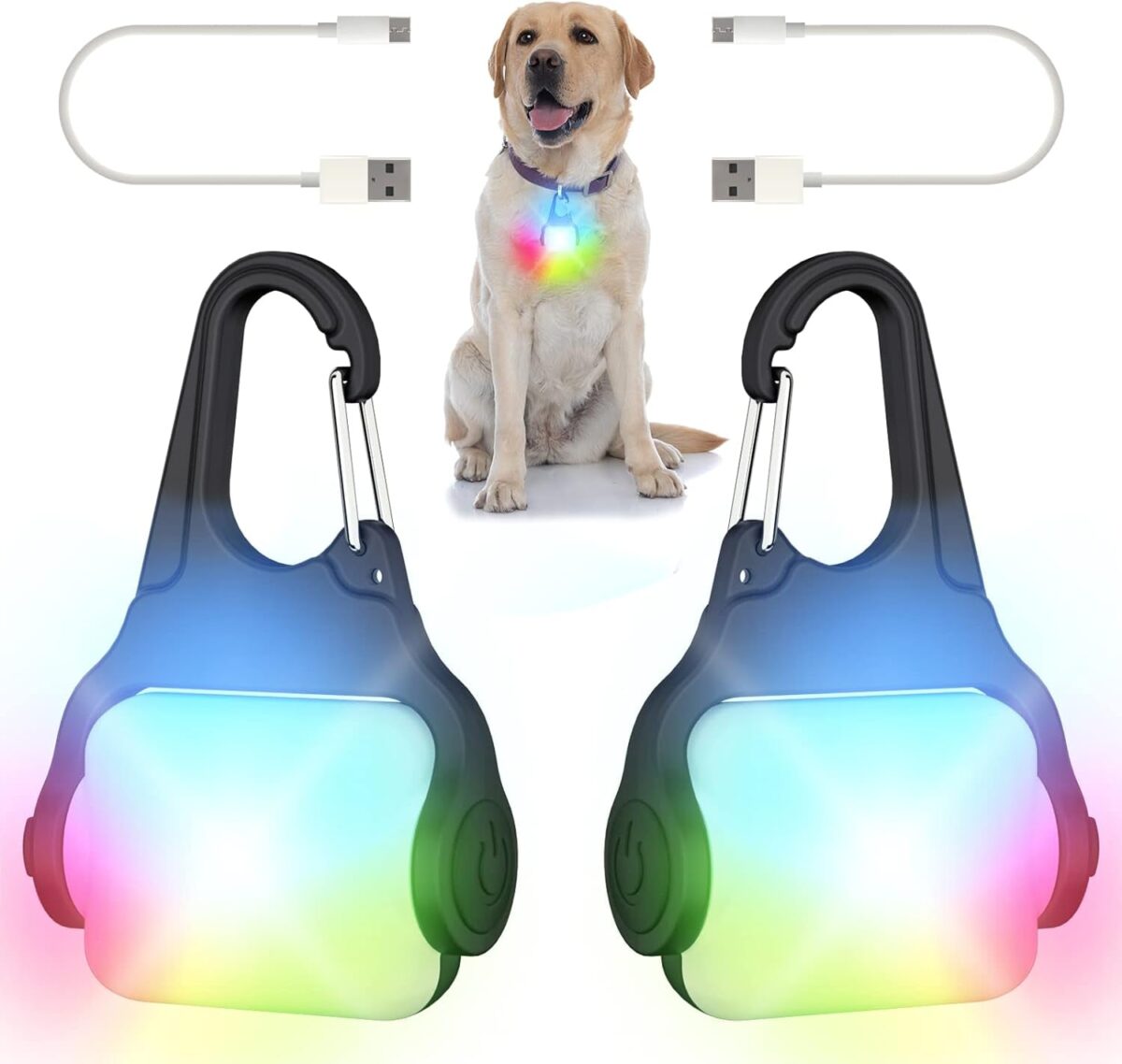 Dog Lights for Night Walking – Color Changing Dog Collar Light, 4 Modes Rechargeable Dog Light, IP65 Waterproof Dog Walking Light, Dog Flashlight for Running, Camping, Climbing, Bike, 2 Pack