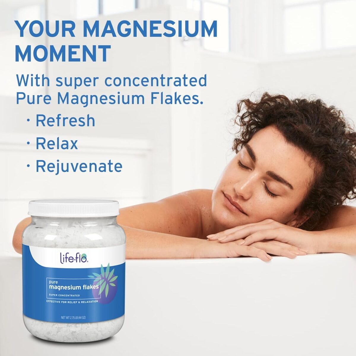 Life-Flo Pure Magnesium Bath Flakes - Epsom Salt Bath Soak Alternative - Unscented Magnesium Flakes from the Zechstein Seabed - Relaxing Foot Bath W/Ancient Trace Minerals - 60-Day Guarantee, 1.65Lbs