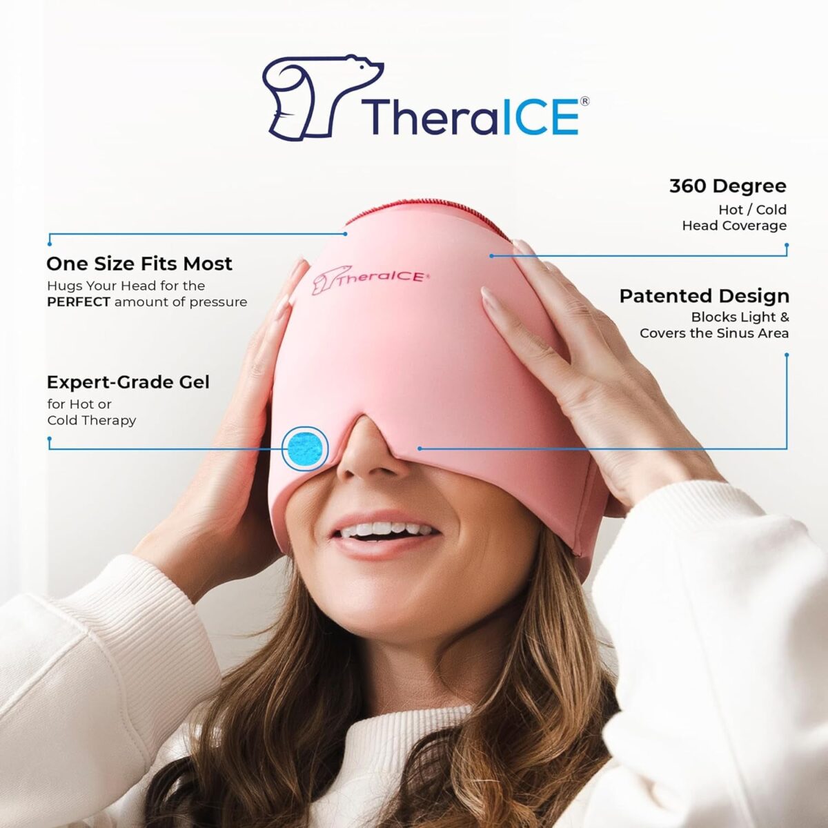 Theraice Headache Relief Cap, Migraine Ice Pack Mask Products, Women Cooling Gel Hat, Face Cold Compress Head Wrap for Her Stress. Great Birthday Gift for Mom, Sister, Grandma, Girlfriend, & Teacher