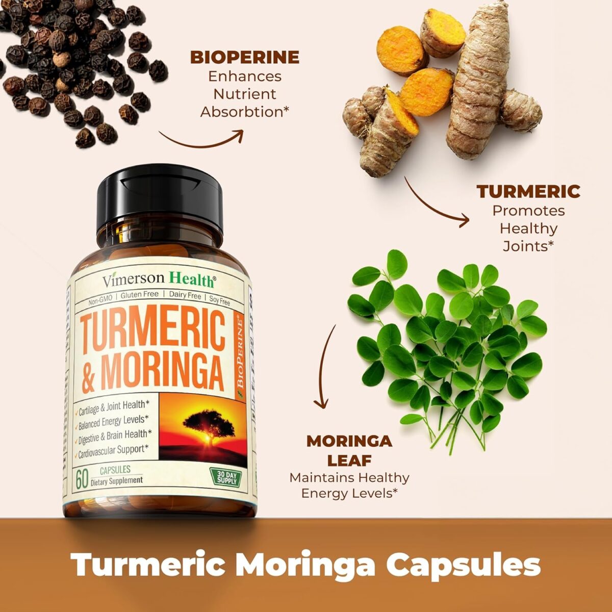 Turmeric Curcumin & Moringa Leaves Extract with Black Pepper. Joint Support Supplement with Tumeric (95% Curcuminoids), Bioperine & Moringa Oleifera Leaf for Joints, Digestion & Energy. 60 Capsules