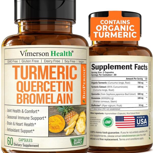 Quercetin with Bromelain Turmeric Supplement - Quercetin 500Mg Capsules with Curcumin & Bromelain Powder for Allergy & Joint Support. Turmeric Curcumin Bromelain Supplement. 60 Vegan Tumeric Capsules