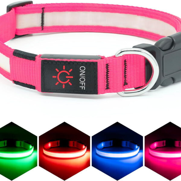 Vizpet LED Dog Collar, Light up Dog Collar Adjustable USB Rechargeable Super Bright Safety Light Glowing Collars for Dogs (Medium, Pink)