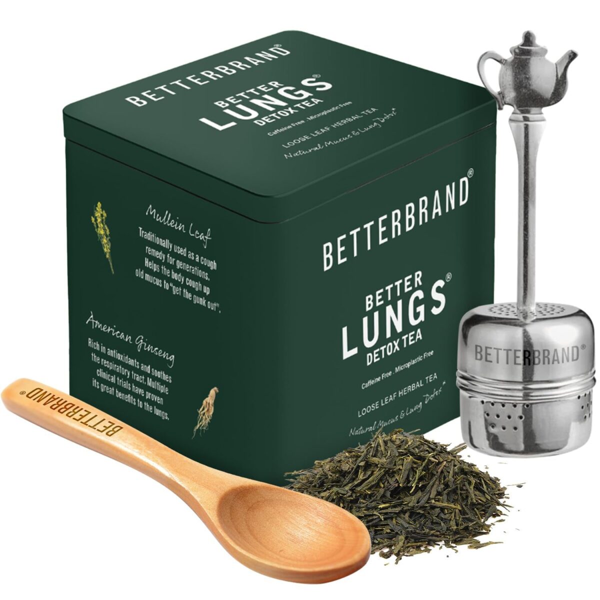 Betterbrand Betterlungs Detox Tea - 15 Herbal Tea Bags - Mullein Leaf, Ginseng, Elderberry, Ginger & Thyme for Lung Cleanse, Congestion Relief, Mucus Detox - Caffeine Free