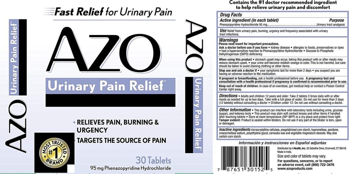 AZO Urinary Pain Relief, Dietary Supplement, Contains 95 Mg Phenazopyridine Hydrochloride the #1 Ingredient Prescribed by Doctors Pharmacists Specifically for Urinary Discomfort†, 30 Count