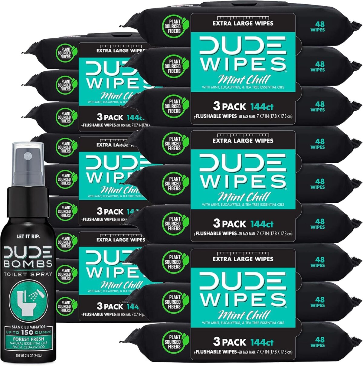 DUDE Wipes - Flushable Wipes with DUDE Bombs Toilet Spray - 18 Pack, 864 Wipes + 1 Spray Bottle - Unscented Extra-Large Adult Wet Wipes with Vitamin-E & Aloe - Forest Fresh Stank Eliminator