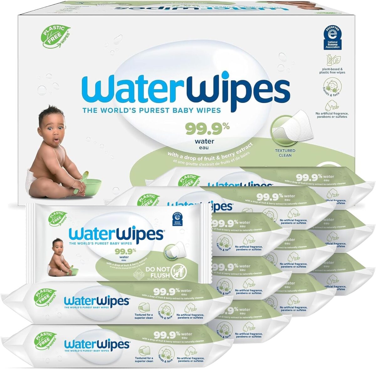 Waterwipes Plastic-Free Textured Clean, Toddler & Baby Wipes, 99.9% Water Based Wipes, Unscented & Hypoallergenic for Sensitive Skin, 60 Count (12 Packs), Packaging May Vary