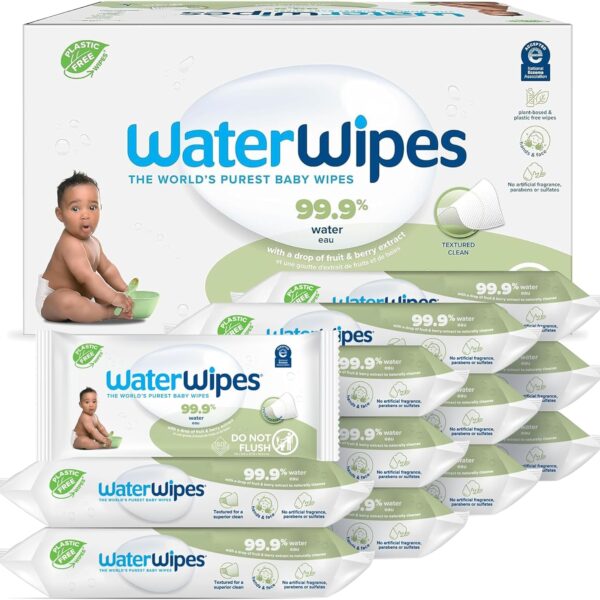 Waterwipes Plastic-Free Textured Clean, Toddler & Baby Wipes, 99.9% Water Based Wipes, Unscented & Hypoallergenic for Sensitive Skin, 60 Count (12 Packs), Packaging May Vary