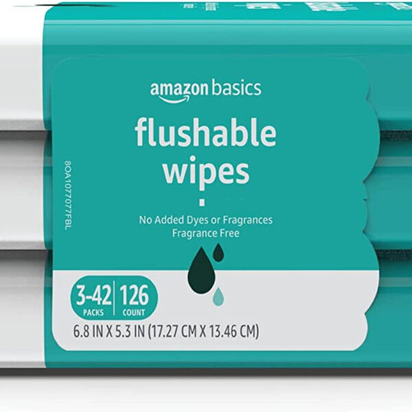 Amazon Basics Flushable Adult Toilet Wipes, Fragrance Free, 126 Count (3 Packs of 42) Packaging May Vary