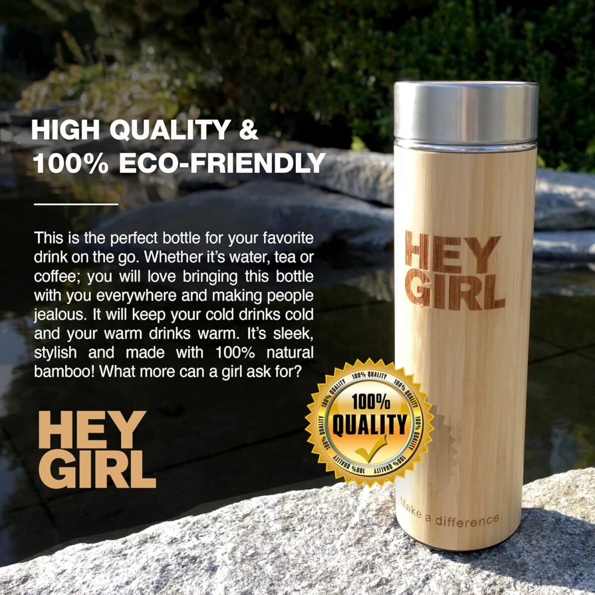 Hey Girl Bamboo Tea Infuser Bottle with Tea Strainer - Insulated Stainless Steel Water Bottle for Loose Leaf Tea & Coffee - Tea Tumbler with Diffuser - Loose Tea Bottle or Thermos Travel Mug - 18 Oz