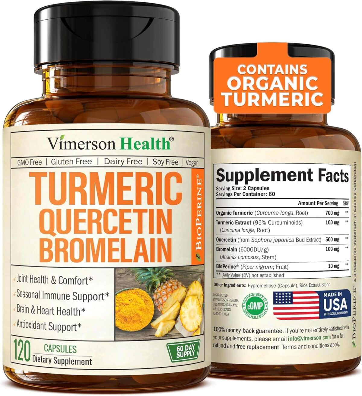 Quercetin with Bromelain Turmeric Supplement - Quercetin 500Mg Capsules with Curcumin & Bromelain Powder for Allergy & Joint Support. Turmeric Curcumin Bromelain Supplement. 60 Vegan Tumeric Capsules