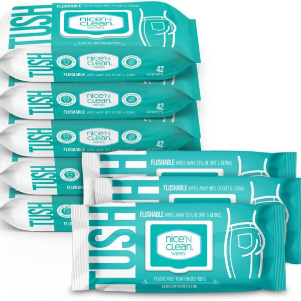 Nice 'N Clean Adult Flushable Wipes (8 X 42 Count) | Personal Cleansing Wipes Made from Plant-Based Fibers | Infused with Aloe & Vitamin E