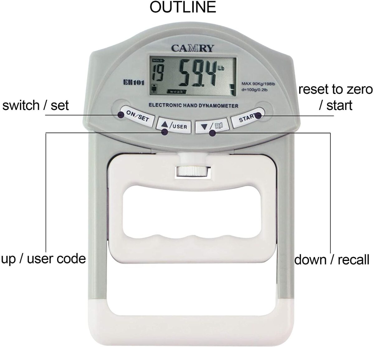 CAMRY Digital Hand Dynamometer Grip Strength Measurement Meter Auto Capturing Electronic Hand Grip Power 198 Lbs / 90 Kg