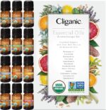 Cliganic USDA Organic Aromatherapy TOP 12 Essential Oils Set, 100% Pure - Peppermint, Lavender, Eucalyptus, Tea Tree, Lemongrass, Rosemary, Frankincense, Orange, Lemon, Cassia, Cedarwood & Grapefruit