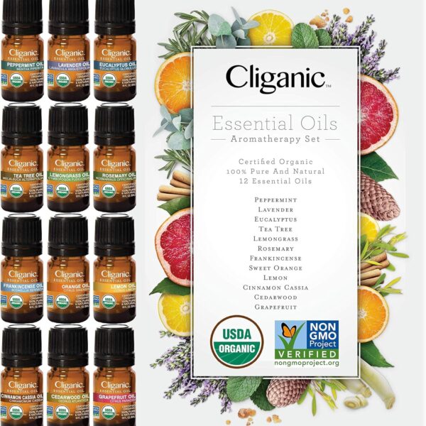 Cliganic USDA Organic Aromatherapy TOP 12 Essential Oils Set, 100% Pure - Peppermint, Lavender, Eucalyptus, Tea Tree, Lemongrass, Rosemary, Frankincense, Orange, Lemon, Cassia, Cedarwood & Grapefruit