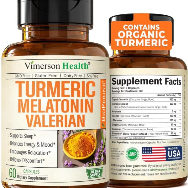 Turmeric, Melatonin & Valerian Root Sleep Aid Supplement. Natural Sleep Aid for Adults with L-Theanine, Ginger & Black Pepper Extract. Melatonin 3Mg, Valerian Root Capsules. Relaxation & Sleep Support