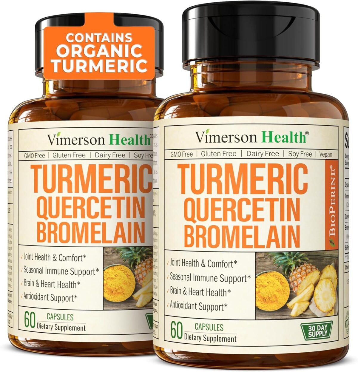 Quercetin with Bromelain Turmeric Supplement - Quercetin 500Mg Capsules with Curcumin & Bromelain Powder for Allergy & Joint Support. Turmeric Curcumin Bromelain Supplement. 60 Vegan Tumeric Capsules