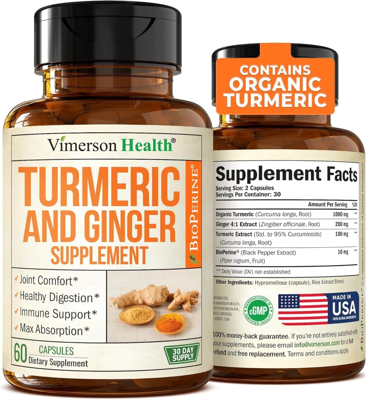 Turmeric Supplement and Ginger Root Joint Support Supplement - Turmeric Curcumin Supplement 95% Curcuminoids. Contains Organic Turmeric with Black Pepper (Bioperine) for Max Absorption. 60 Capsules