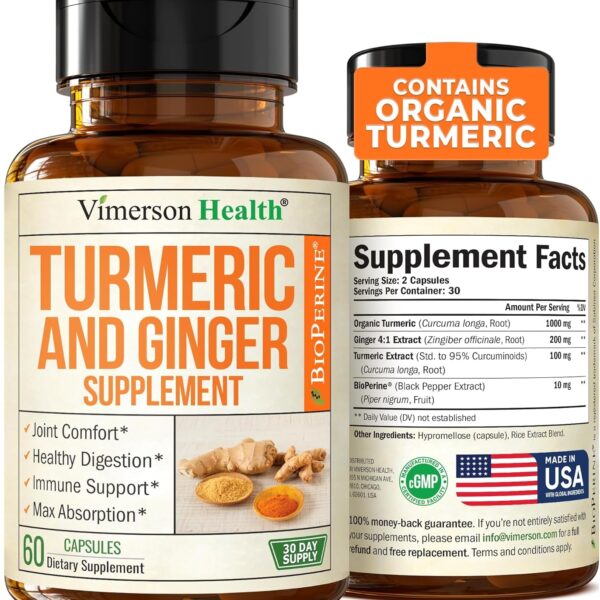 Turmeric Supplement and Ginger Root Joint Support Supplement - Turmeric Curcumin Supplement 95% Curcuminoids. Contains Organic Turmeric with Black Pepper (Bioperine) for Max Absorption. 60 Capsules