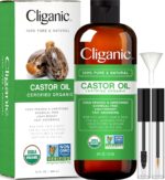 Cliganic USDA Organic Castor Oil, 100% Pure (8Oz with Eyelash Kit) - for Eyelashes, Eyebrows, Hair & Skin | Natural Cold Pressed Unrefined Hexane-Free