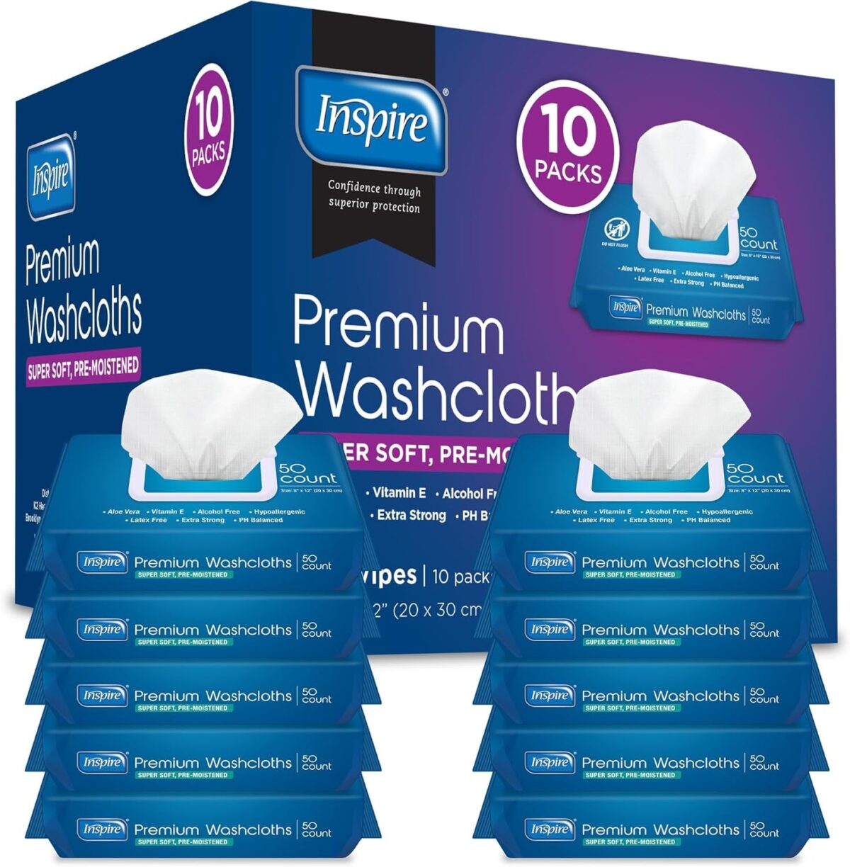 Inspire Adult Wet Wipes, Adult Wash Cloths, Adult Wipes for Incontinence & Cleansing for Elderly, 8"X12" (200 Count)