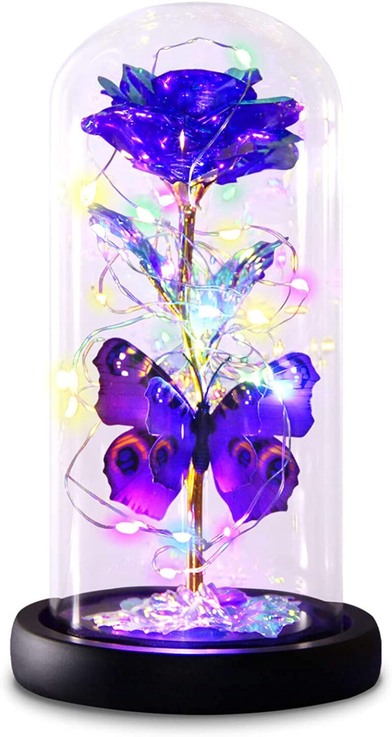 Valentines Day Rose Gifts for Her Thanksgiving Gifts for Mom, Galaxy Purple Butterfly Rose in Glass Dome, Light up Forever Rose Birthday Gifts for Women Mom Grandma Anniversary Eternal Rose Gift