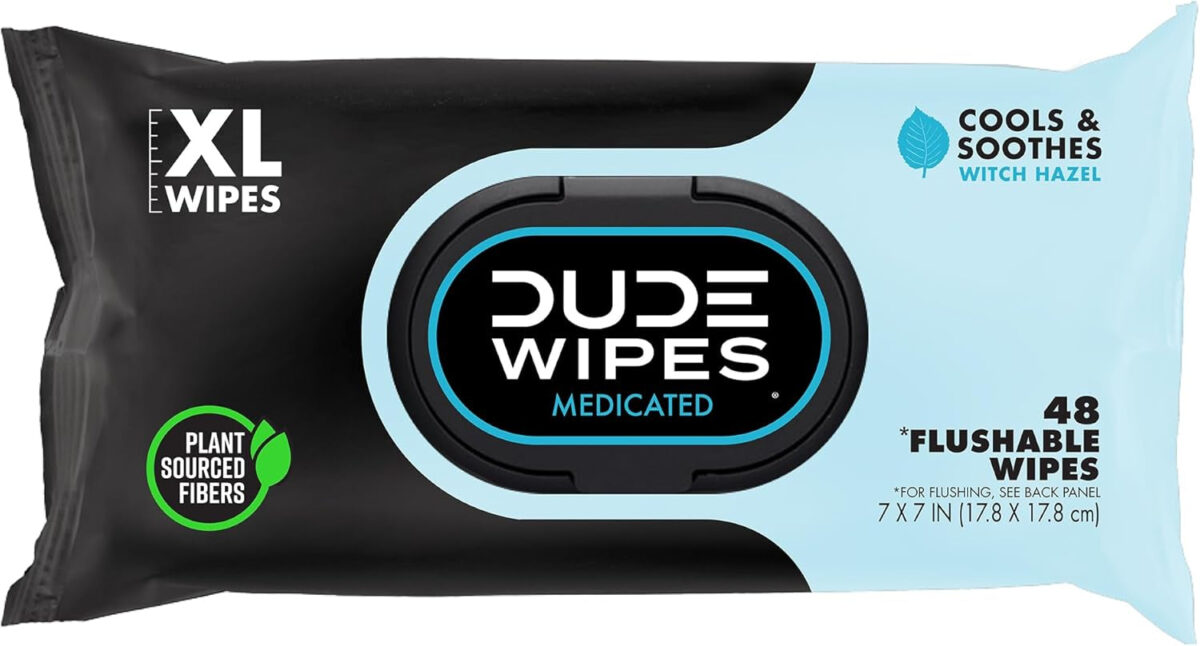 DUDE Wipes - Medicated Flushable Wipes - 3 Pack, 144 Wipes - Unscented Extra-Large Adult Wet Wipes - Medicated Witch Hazel - Septic and Sewer Safe