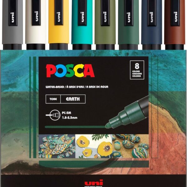 Posca Markers Set, 8 Medium Paint Markers 5M – Earth Tones – Grey, Ivory, Ochre, Emerald Green, Khaki Green, English Green, Navy Blue, Brown