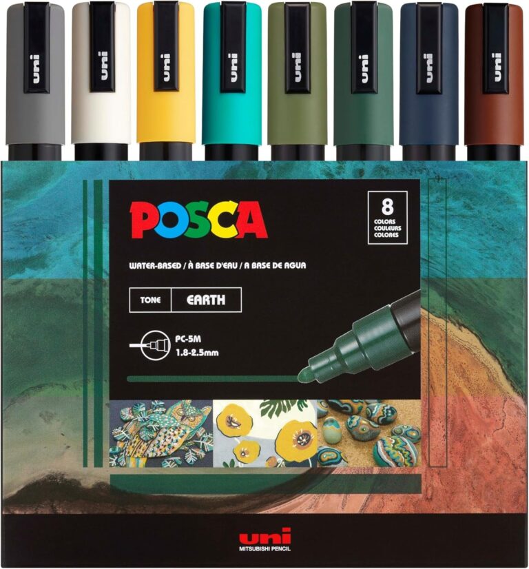 Posca Markers Set, 8 Medium Paint Markers 5M – Earth Tones – Grey, Ivory, Ochre, Emerald Green, Khaki Green, English Green, Navy Blue, Brown