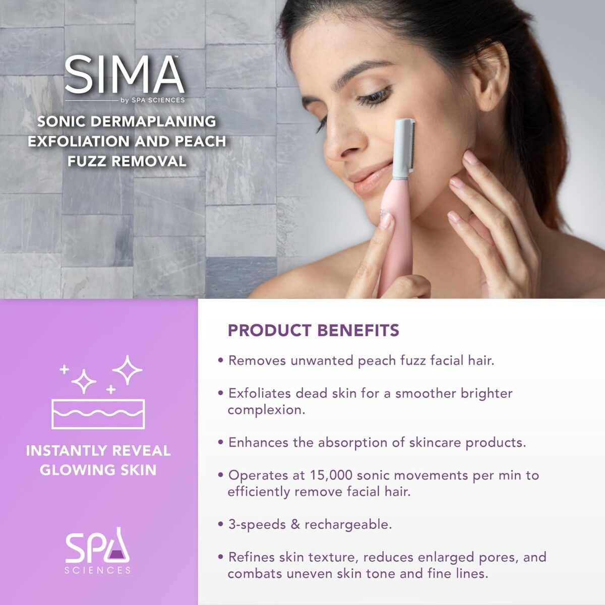 SPA SCIENCES - SIMA Sonic Dermaplaning Tool - Patented Painless 2 in 1 Facial Exfoliation & Peach Fuzz-Hair Removal System W/ 7 Weeks Treatment Included - Anti-Aging – 3 Speeds – Rechargeable