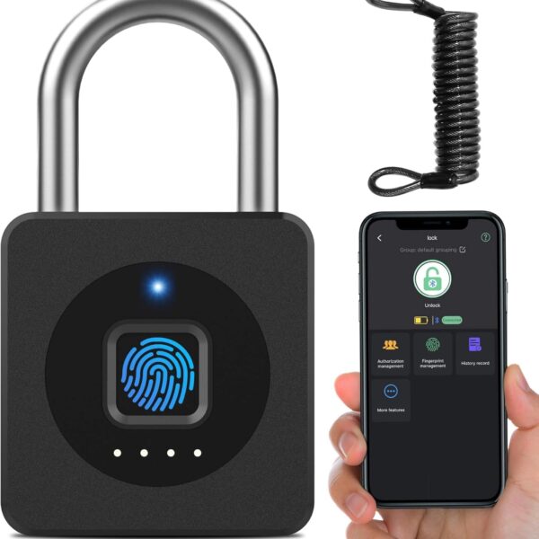 Elinksmart Fingerprint Gym Locker Lock, Keyless Biometric Padlock, Weatherproof Electronic Digital Smart Combo Pad Lock for Outdoor Fence Gate Storage Fridge Helmet Ski Pool Shed (Black, with Cable)