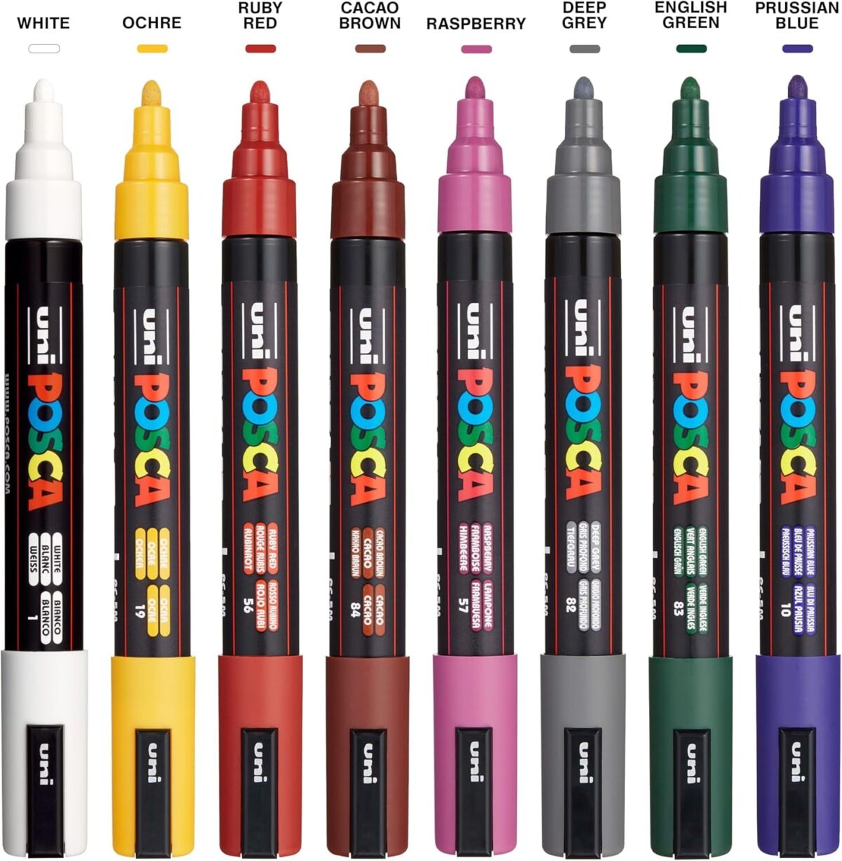 Posca Markers Set, 8 Medium Paint Markers 5M – Dark Tones – White, Ochre, Ruby Red, Cacao Brown, Raspberry, Deep Grey, English Green, Prussian Blue