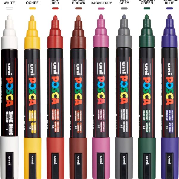 Posca Markers Set, 8 Medium Paint Markers 5M – Dark Tones – White, Ochre, Ruby Red, Cacao Brown, Raspberry, Deep Grey, English Green, Prussian Blue