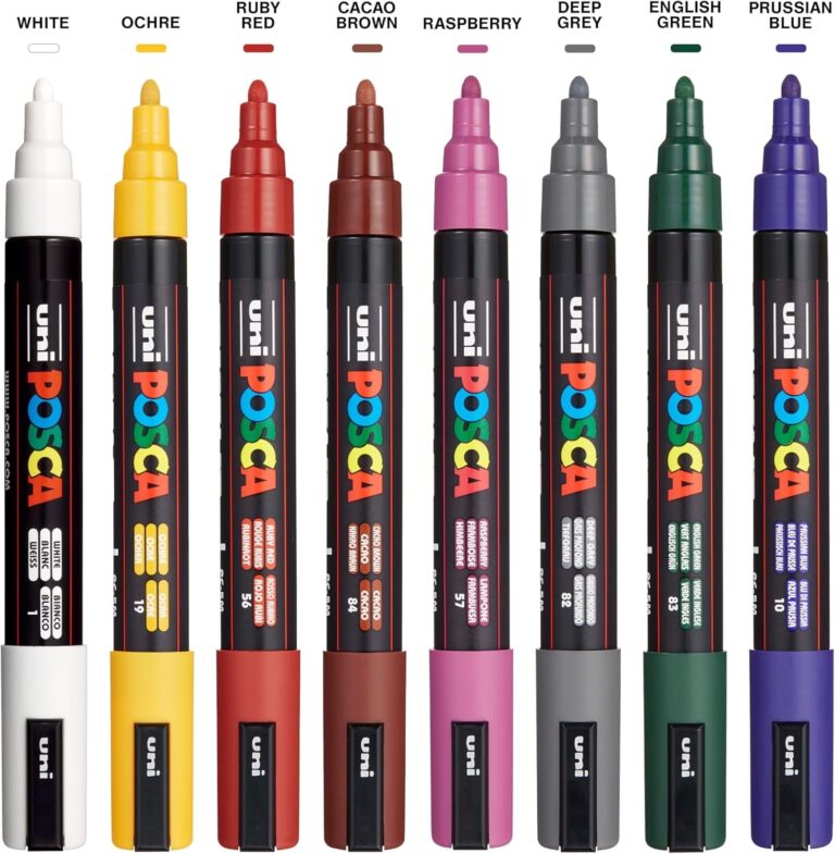 Posca Markers Set, 8 Medium Paint Markers 5M – Dark Tones – White, Ochre, Ruby Red, Cacao Brown, Raspberry, Deep Grey, English Green, Prussian Blue