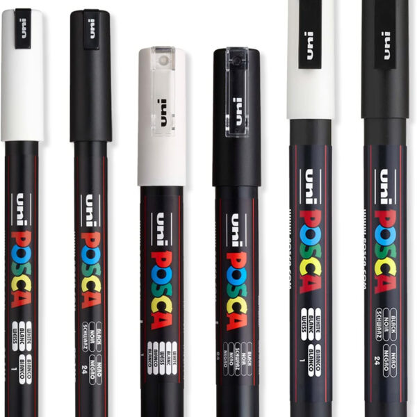 Posca - Ultra Fine to Fine Paint Marker Pens Set - PC-1MR, PC-1M, PC-3M - White & Black Ink - Pack of 6