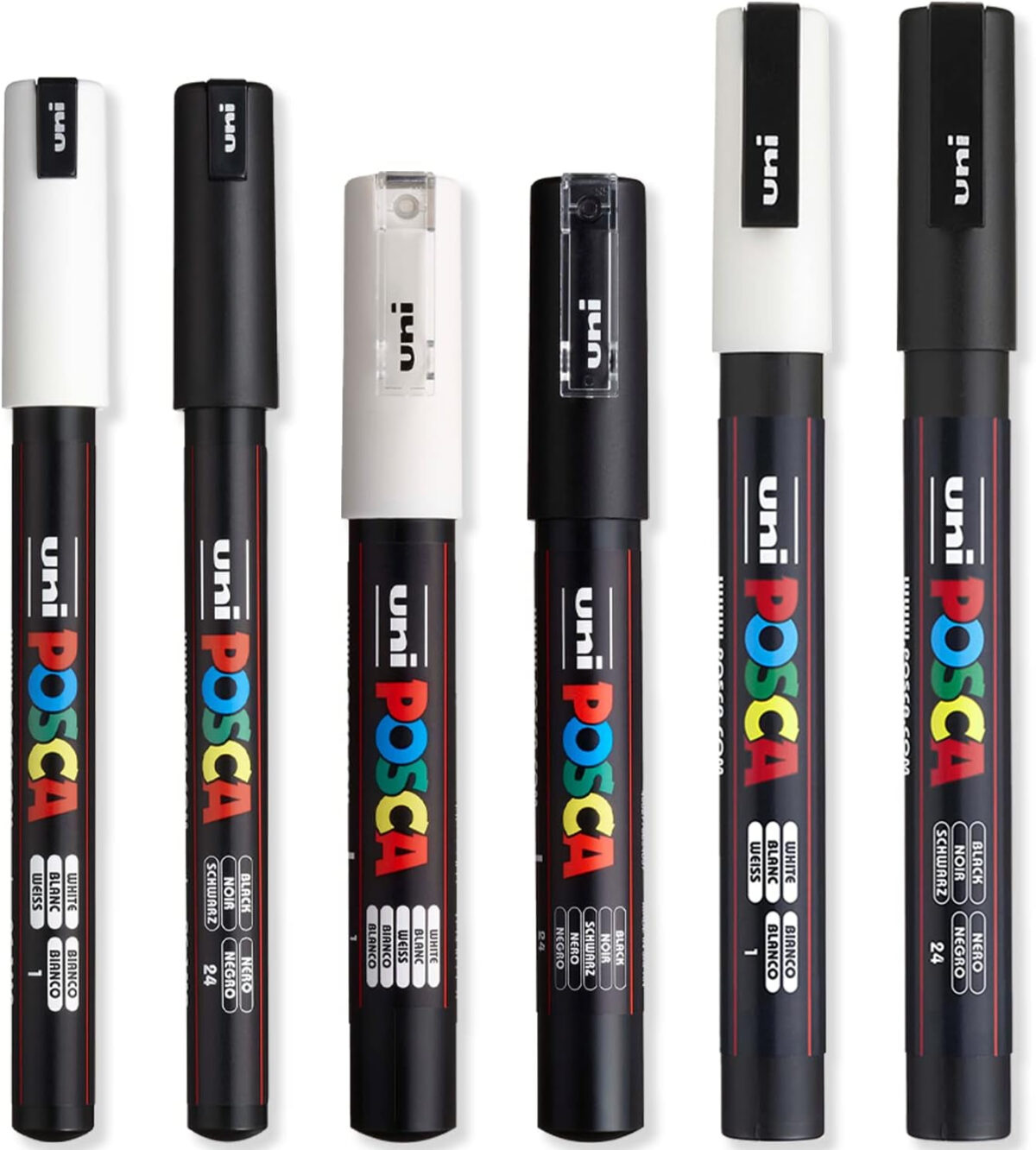 Posca - Ultra Fine to Fine Paint Marker Pens Set - PC-1MR, PC-1M, PC-3M - White & Black Ink - Pack of 6