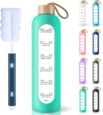 PROBTTL 32 Oz Borosilicate Glass Water Bottle with Time Marker Reminder Quotes, 1 Liter Leak Proof Reusable BPA Free Motivational Water Bottles with Silicone Sleeve and Bamboo Lid (White)