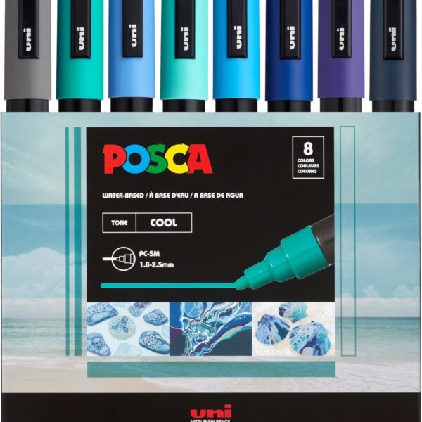 Posca Markers Set, 8 Medium Paint Markers 5M – Cool Tones – Grey, Emerald Green, Sky Blue, Aqua Green, Light Blue, Blue, Prussian Blue, Navy Blue