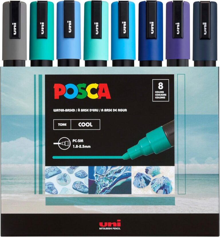 Posca Markers Set, 8 Medium Paint Markers 5M – Cool Tones – Grey, Emerald Green, Sky Blue, Aqua Green, Light Blue, Blue, Prussian Blue, Navy Blue