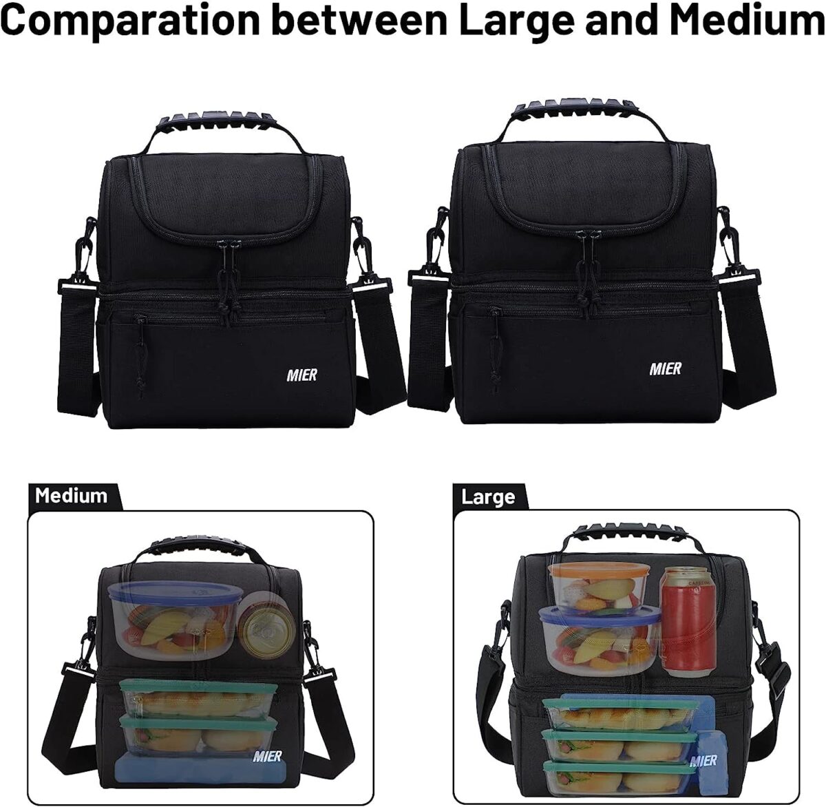 MIER Adult Lunch Box Insulated Lunch Bag Large Cooler Tote Bag for Men, Women, Double Deck Cooler(Black Large)