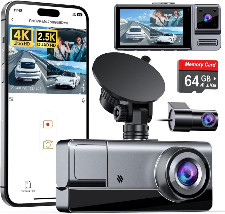 Icesky 3 Channel Wifi Dash Cam Front and Rear Inside, 4K+1080P Dash Camera for Cars Front and Rear, Front and Inside, 2.5K+1080P+1080P Car Camera with 64GB Card, 24H Parking Mode, App Control