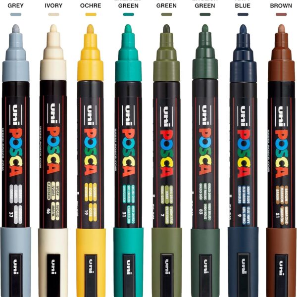 Posca Markers Set, 8 Medium Paint Markers 5M – Earth Tones – Grey, Ivory, Ochre, Emerald Green, Khaki Green, English Green, Navy Blue, Brown