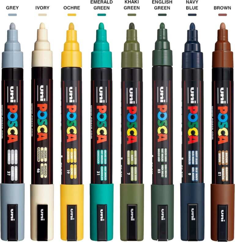 Posca Markers Set, 8 Medium Paint Markers 5M – Earth Tones – Grey, Ivory, Ochre, Emerald Green, Khaki Green, English Green, Navy Blue, Brown