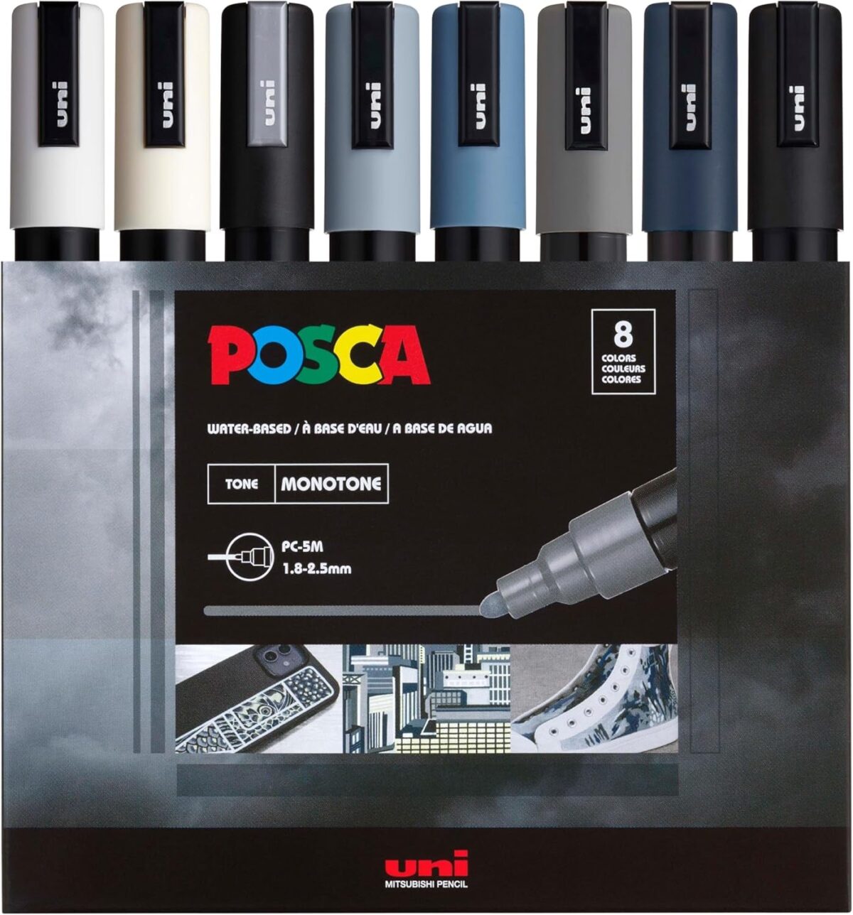 Posca Markers Set, 8 Medium Paint Markers 5M – Mono Tones – White, Ivory, Silver, Grey, Slate Grey, Deep Grey, Navy Blue, Black